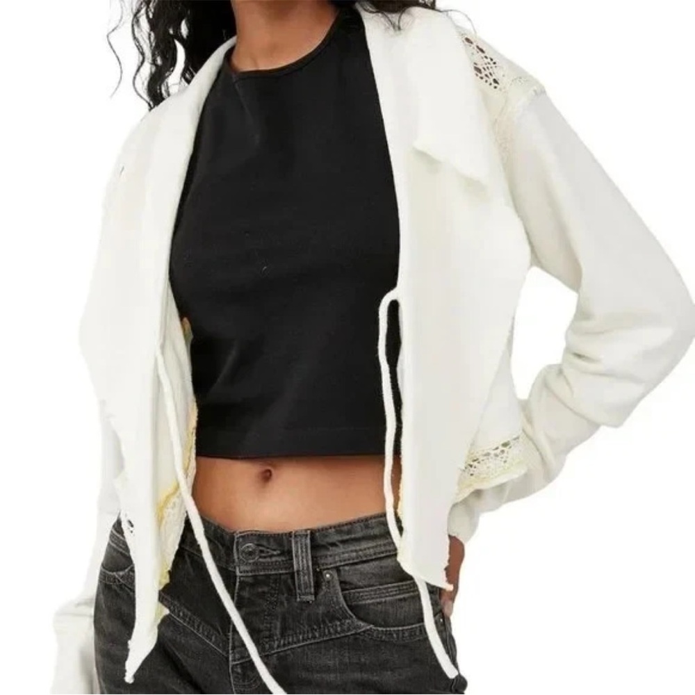We The Free 'Lost Cause' Knit Lace Tie Front Women's S Ivory & Yellow Cardigan